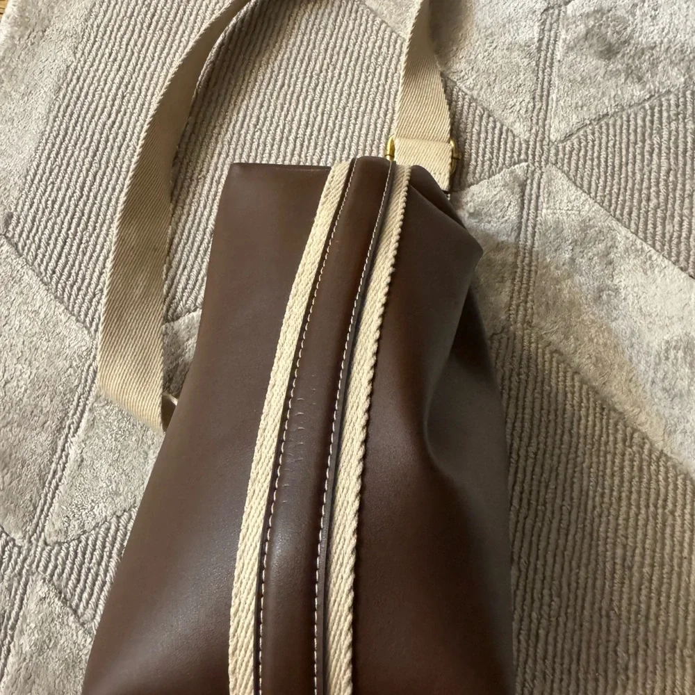 Elegant Brown Leather Handbag - Zara side stripe bag , cross body or clutch - Picture 11 of 14